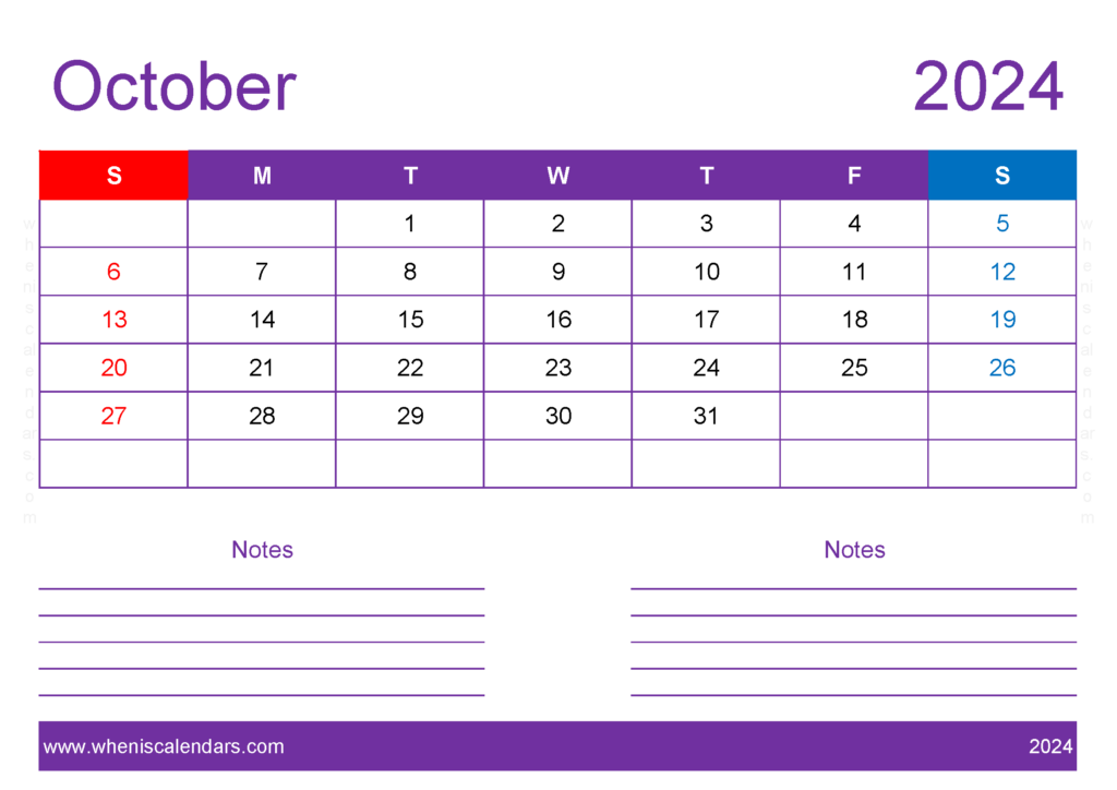 Download Blank Calendar Printable October 2024 A4 Horizontal 104217