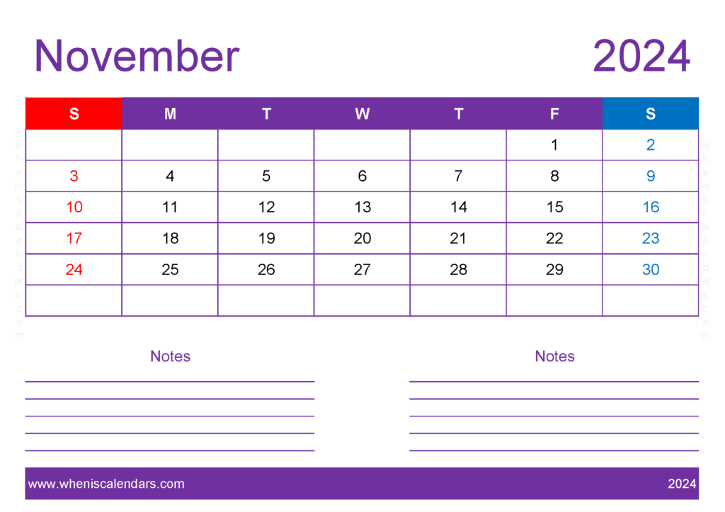 Download Blank Calendar Printable November 2024 A4 Horizontal 114217