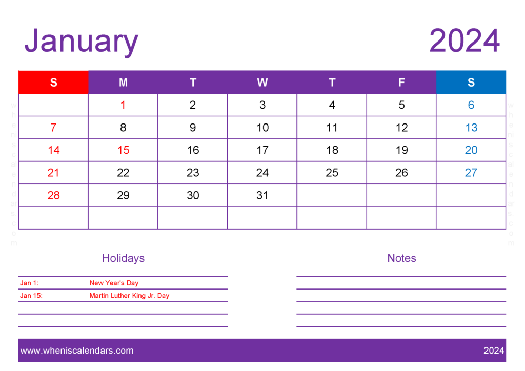 Download Printable Blank January 2024 Calendar A4 Horizontal J4137
