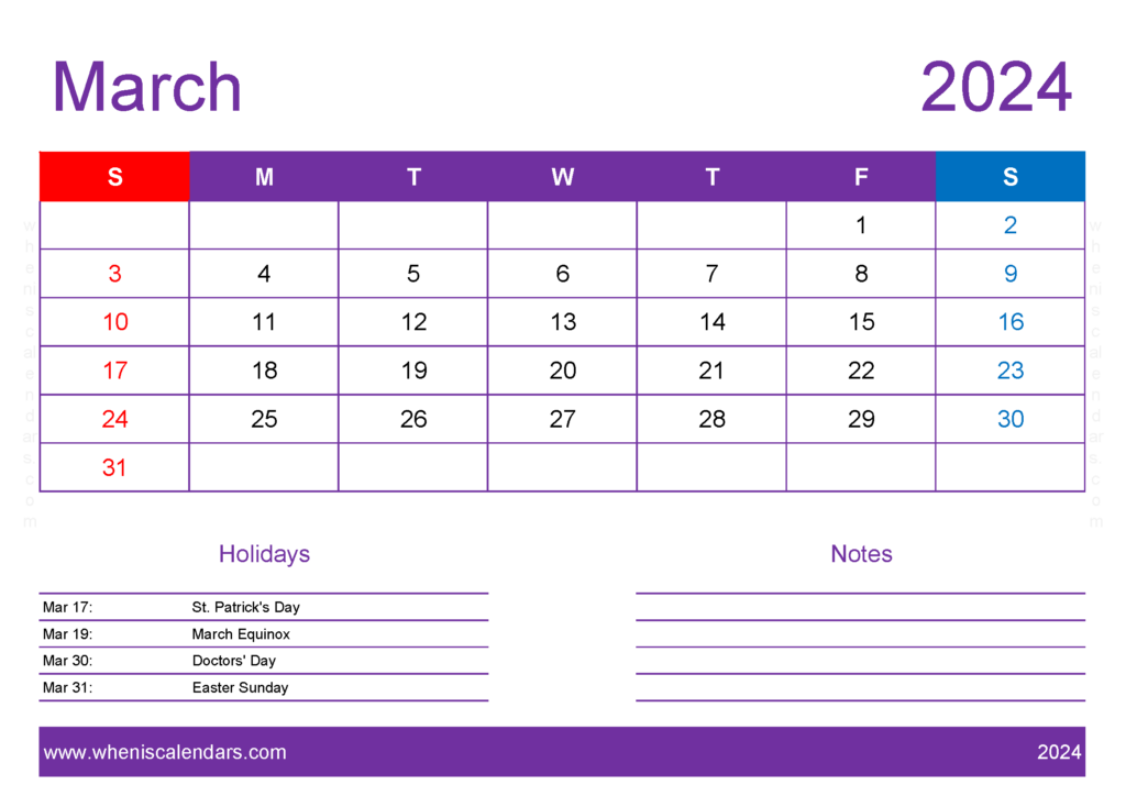 Download Printable Blank March 2024 Calendar A4 Horizontal 34137