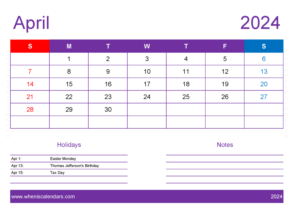 Download Printable Blank April 2024 Calendar A4 Horizontal 44137