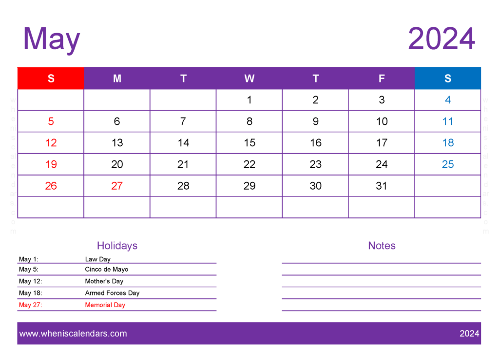 Download Printable Blank May 2024 Calendar A4 Horizontal 54137