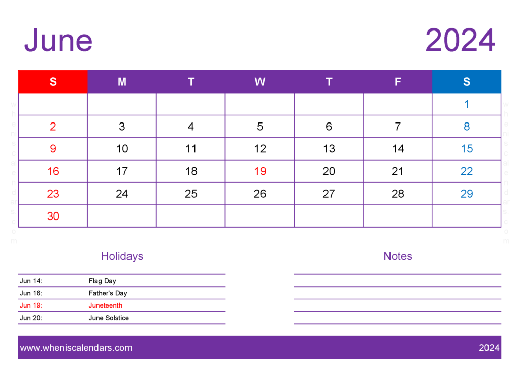 Download Printable Blank June 2024 Calendar A4 Horizontal 64137