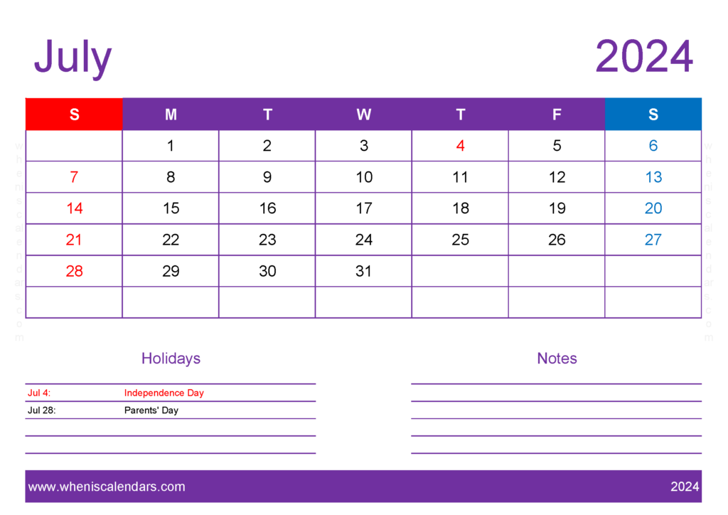 Download Printable Blank July 2024 Calendar A4 Horizontal 74137