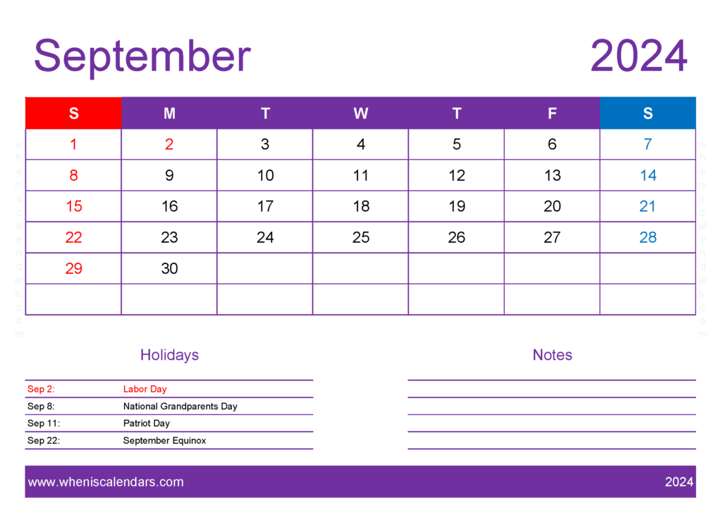 Download Printable Blank September 2024 Calendar A4 Horizontal 94137