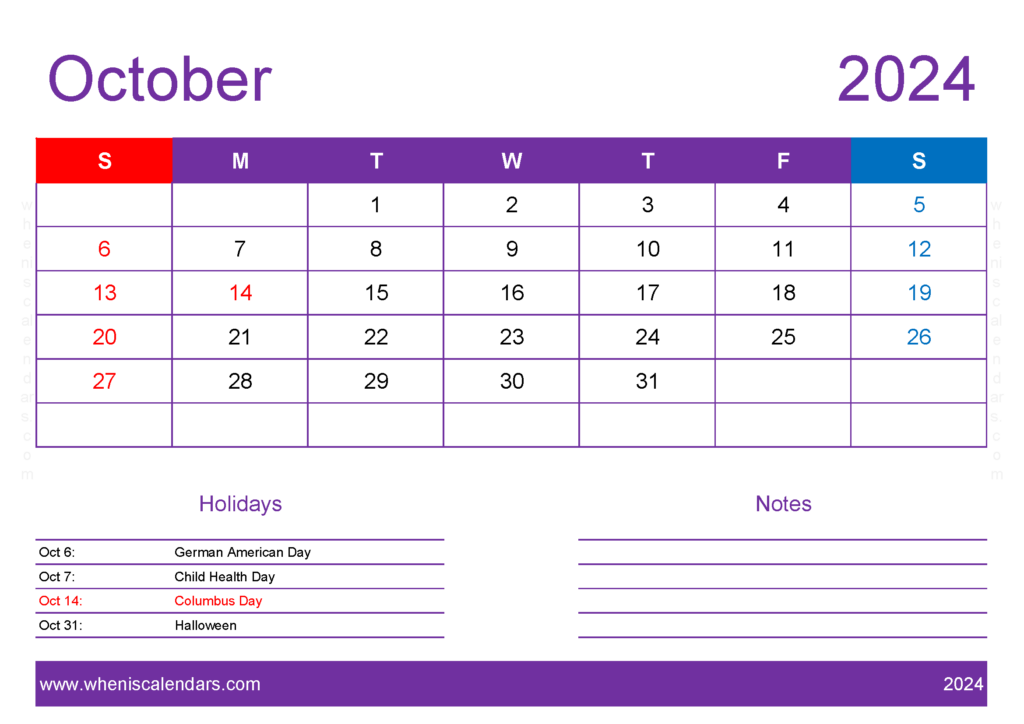 Download Printable Blank October 2024 Calendar A4 Horizontal 104137