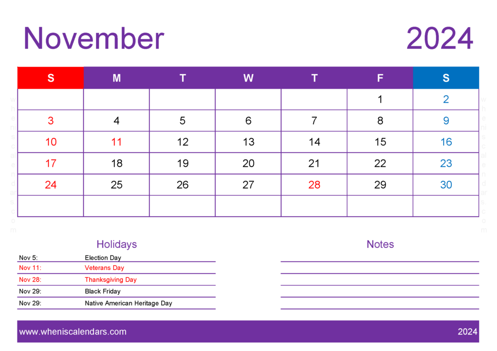 Download Printable Blank November 2024 Calendar A4 Horizontal 114137