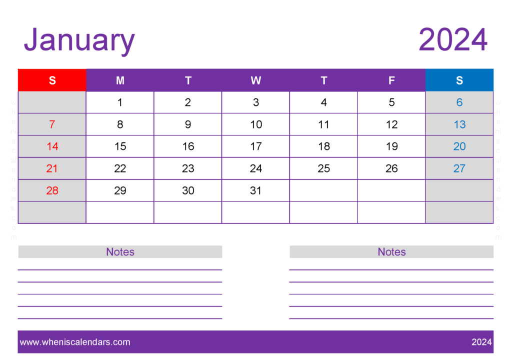Download Blank monthly Calendar January 2024 A4 Horizontal J4218