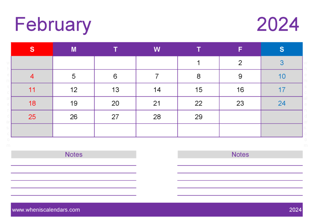Download Blank monthly Calendar February 2024 A4 Horizontal 24218
