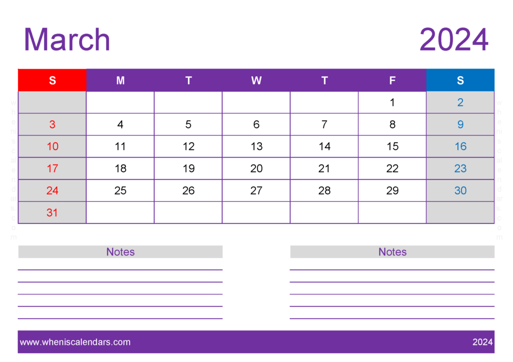 Download Blank monthly Calendar March 2024 A4 Horizontal 34218