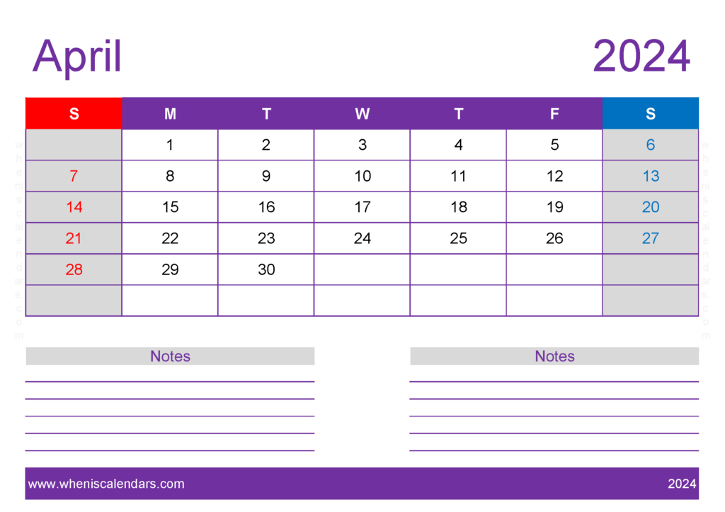 Download Blank monthly Calendar April 2024 A4 Horizontal 44218