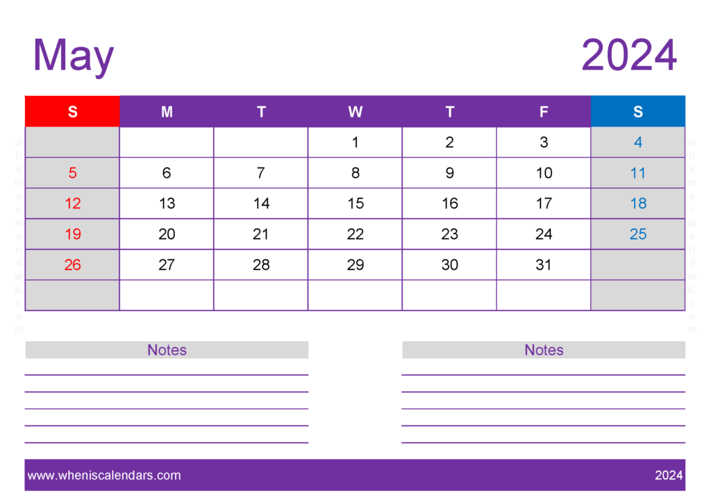 Download Blank monthly Calendar May 2024 A4 Horizontal 54218