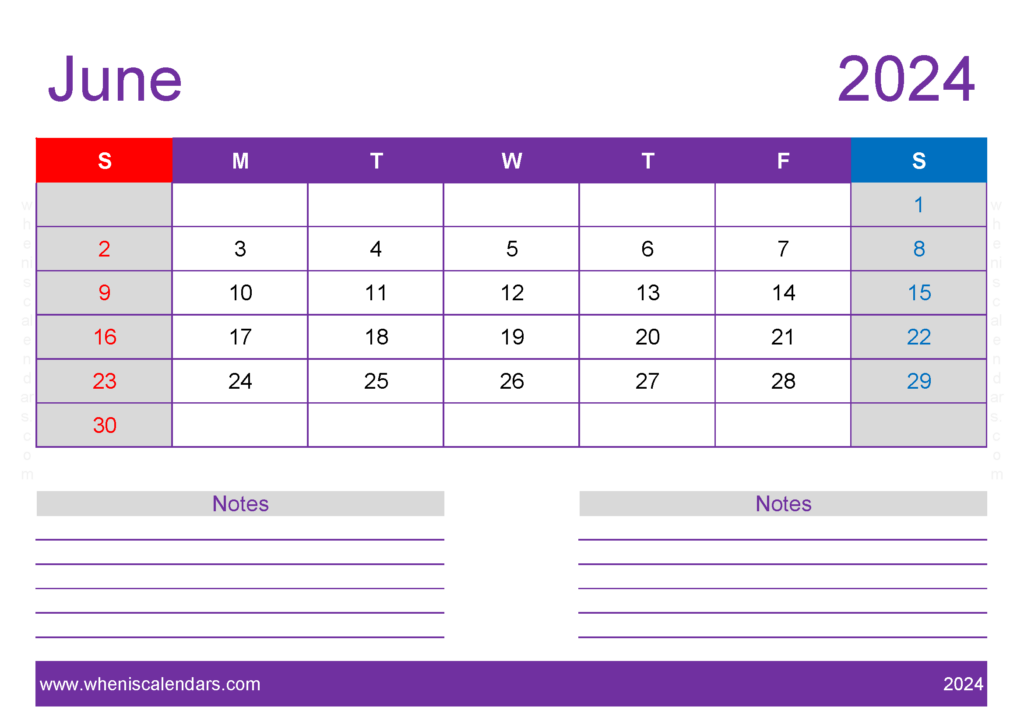 Download Blank monthly Calendar June 2024 A4 Horizontal 64218