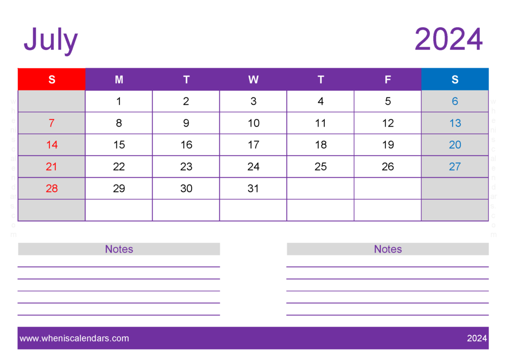 Download Blank monthly Calendar July 2024 A4 Horizontal 74218