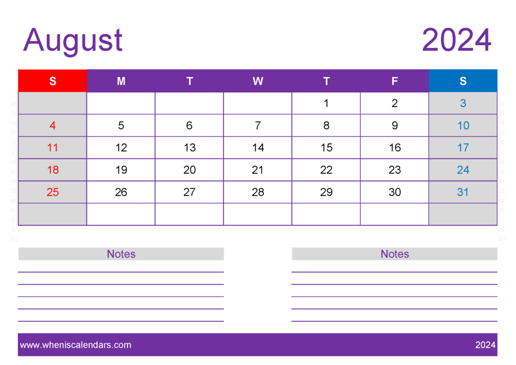 Download Blank monthly Calendar August 2024 A4 Horizontal 84218