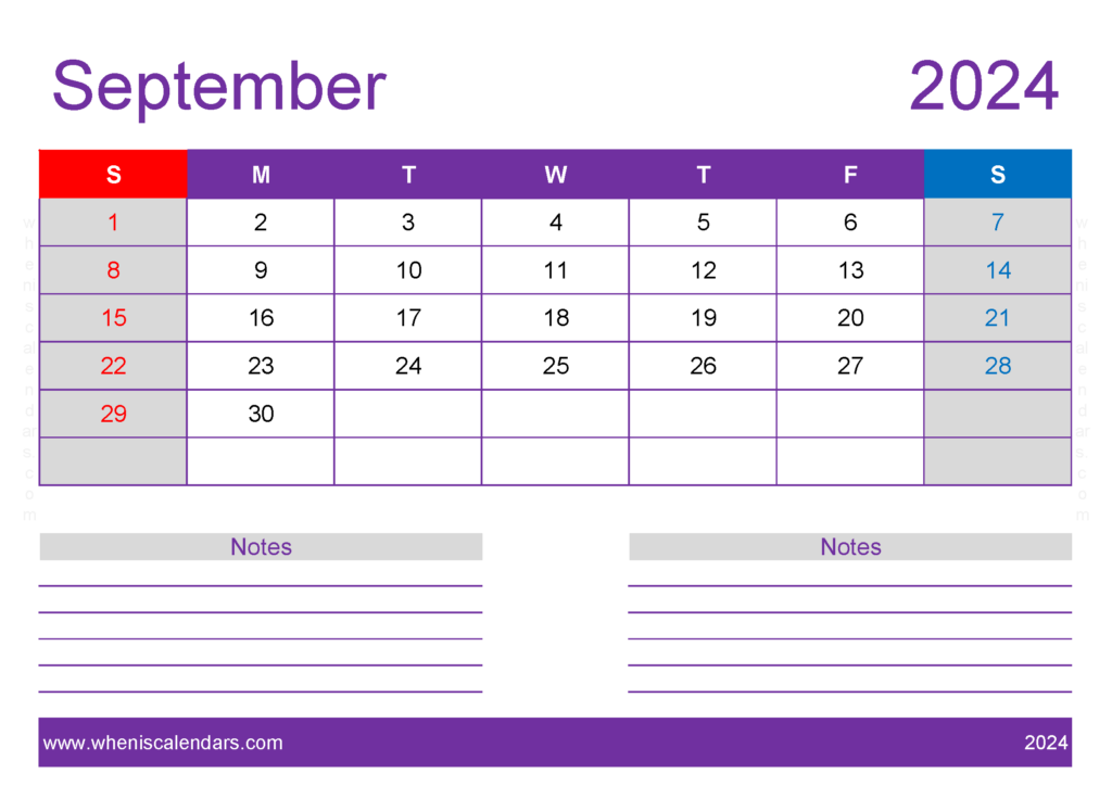 Download Blank monthly Calendar September 2024 A4 Horizontal 94218