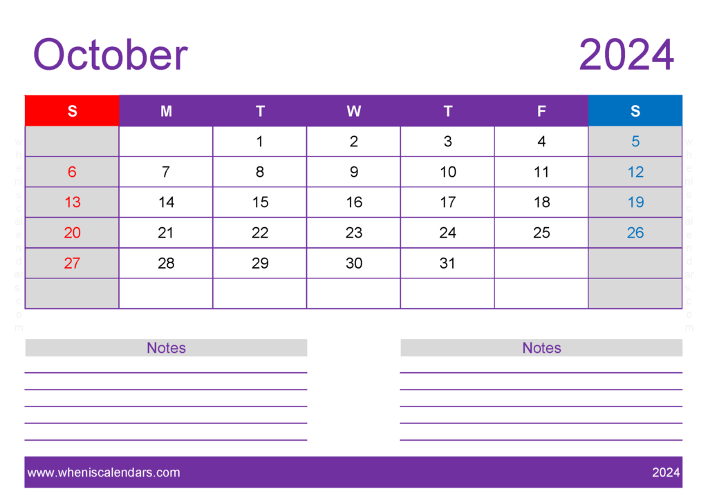 Download Blank monthly Calendar October 2024 A4 Horizontal 104218