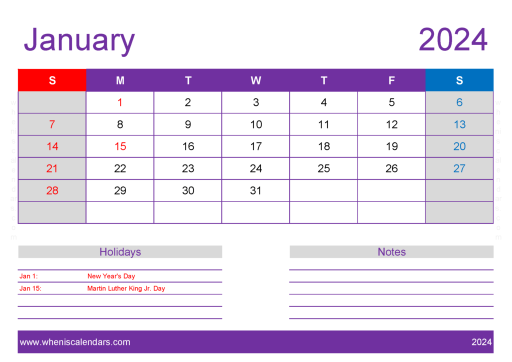 Download January 2024 Calendar pdf Free A4 Horizontal J4138