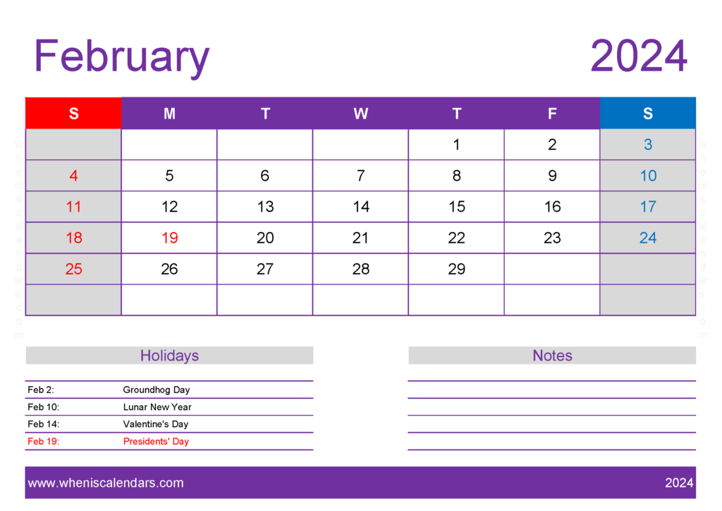 Download February 2024 Calendar pdf Free A4 Horizontal 24138