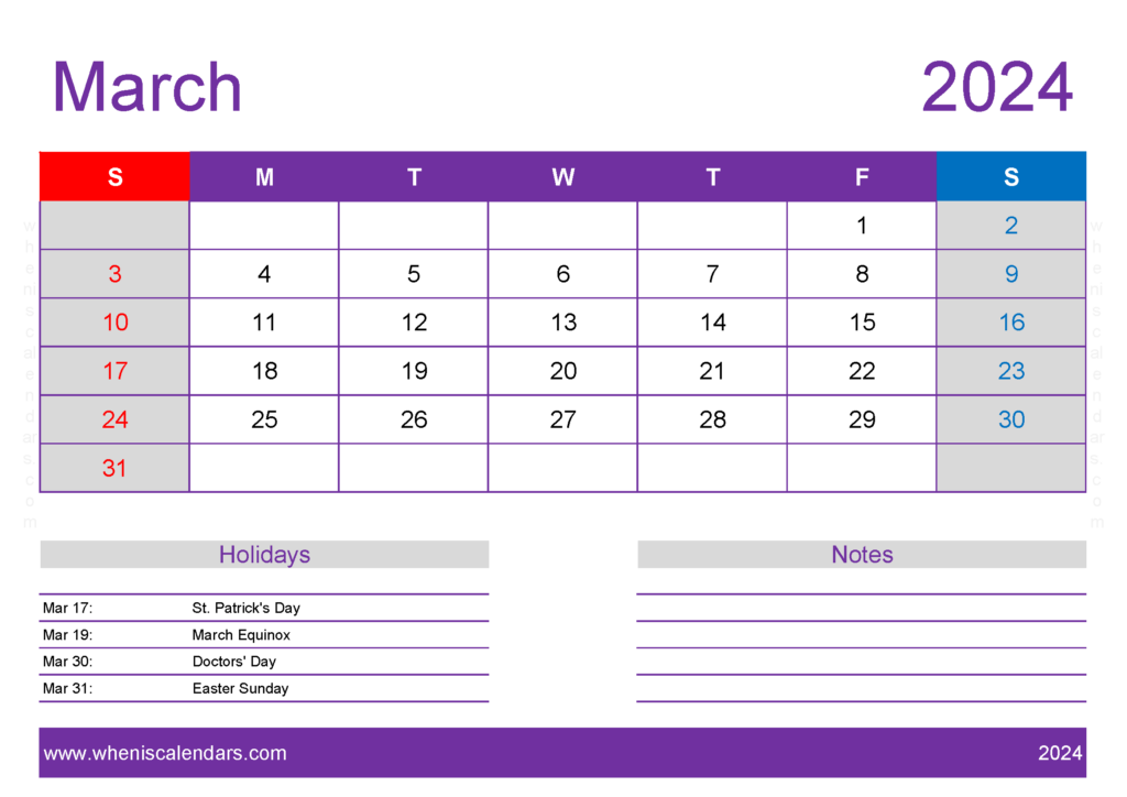 Download March 2024 Calendar pdf Free A4 Horizontal 34138