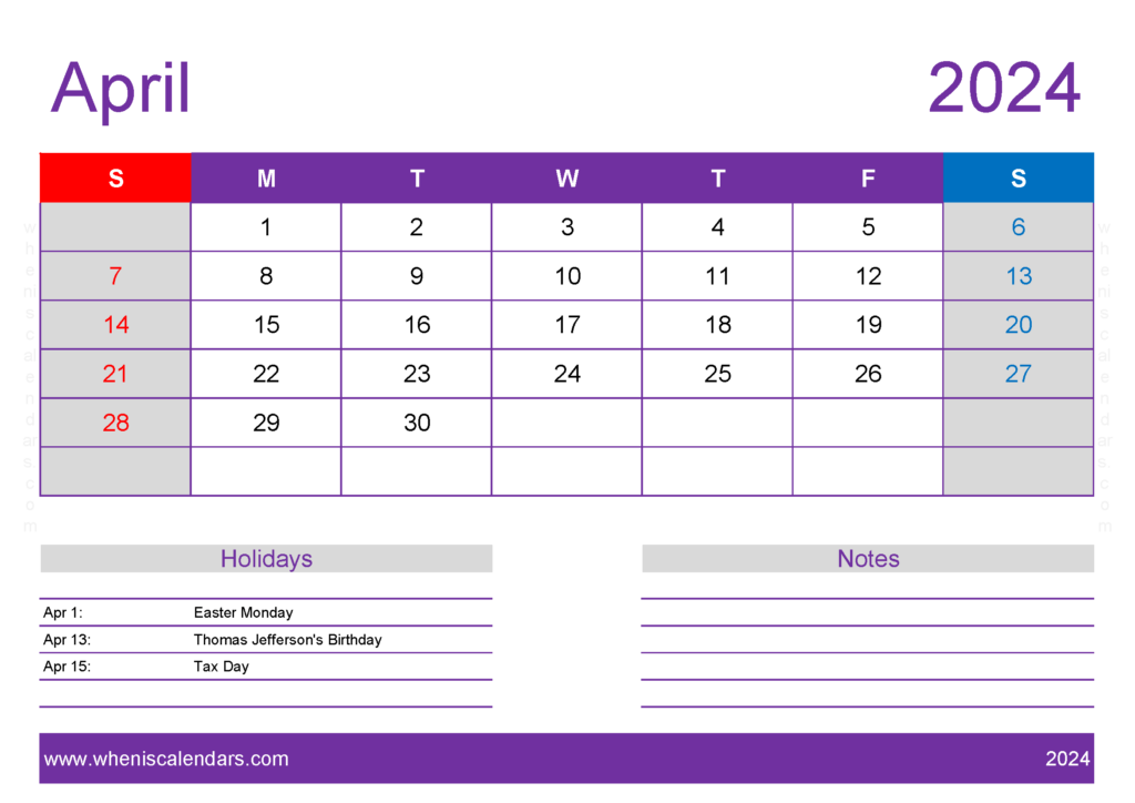 Download April 2024 Calendar pdf Free A4 Horizontal 44138
