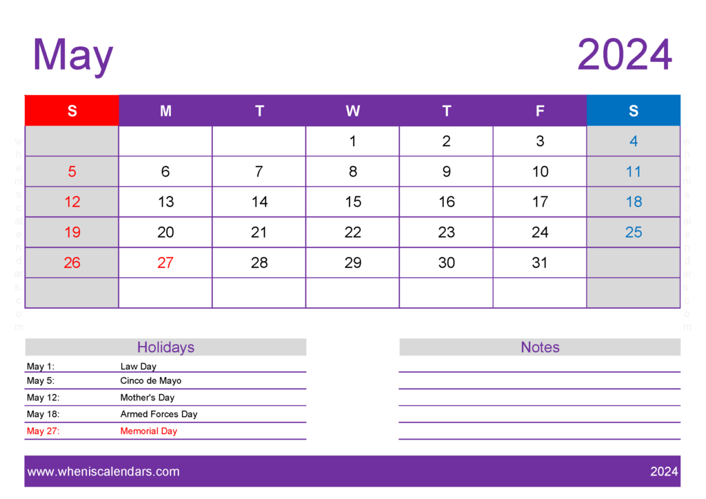 Download May 2024 Calendar pdf Free A4 Horizontal 54138