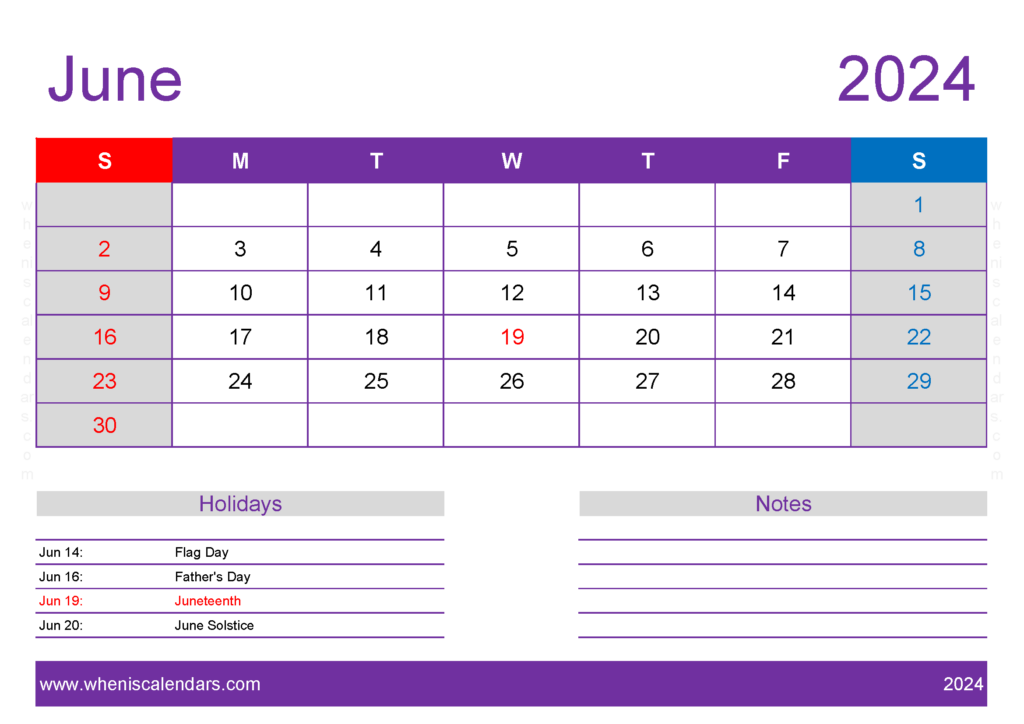 Download June 2024 Calendar pdf Free A4 Horizontal 64138