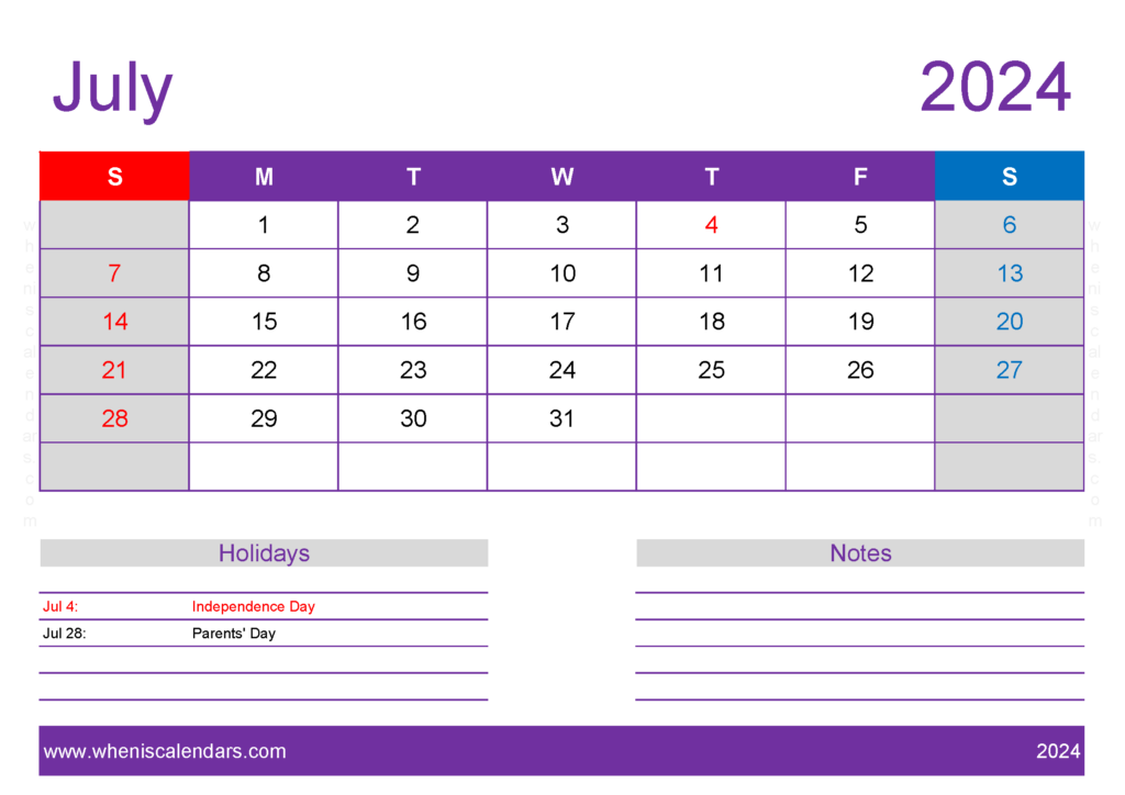 Download July 2024 Calendar pdf Free A4 Horizontal 74138