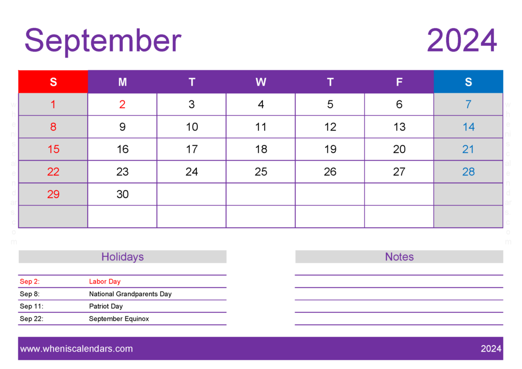 Download September 2024 Calendar pdf Free A4 Horizontal 94138