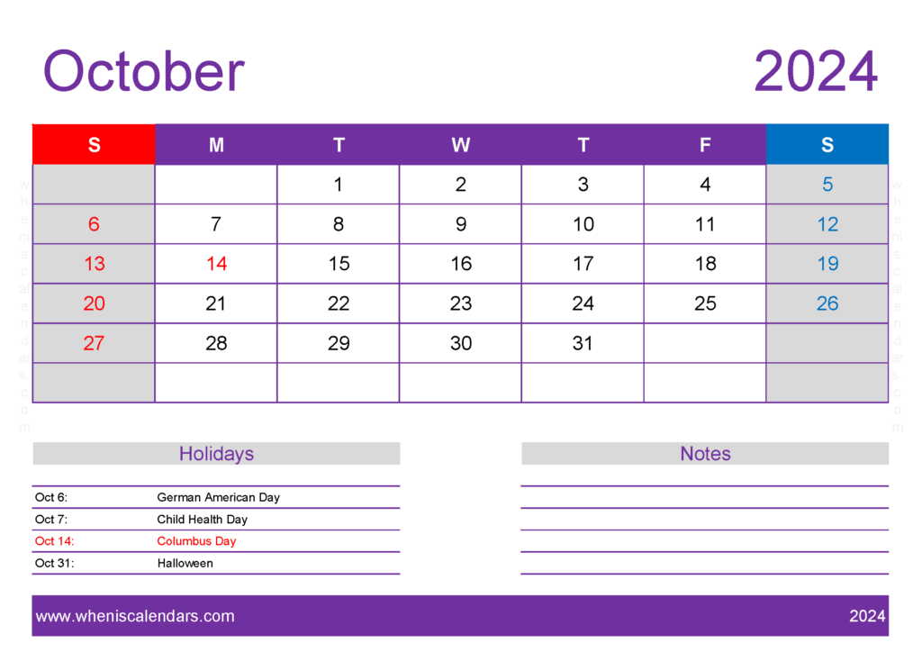 Download October 2024 Calendar pdf Free A4 Horizontal 104138