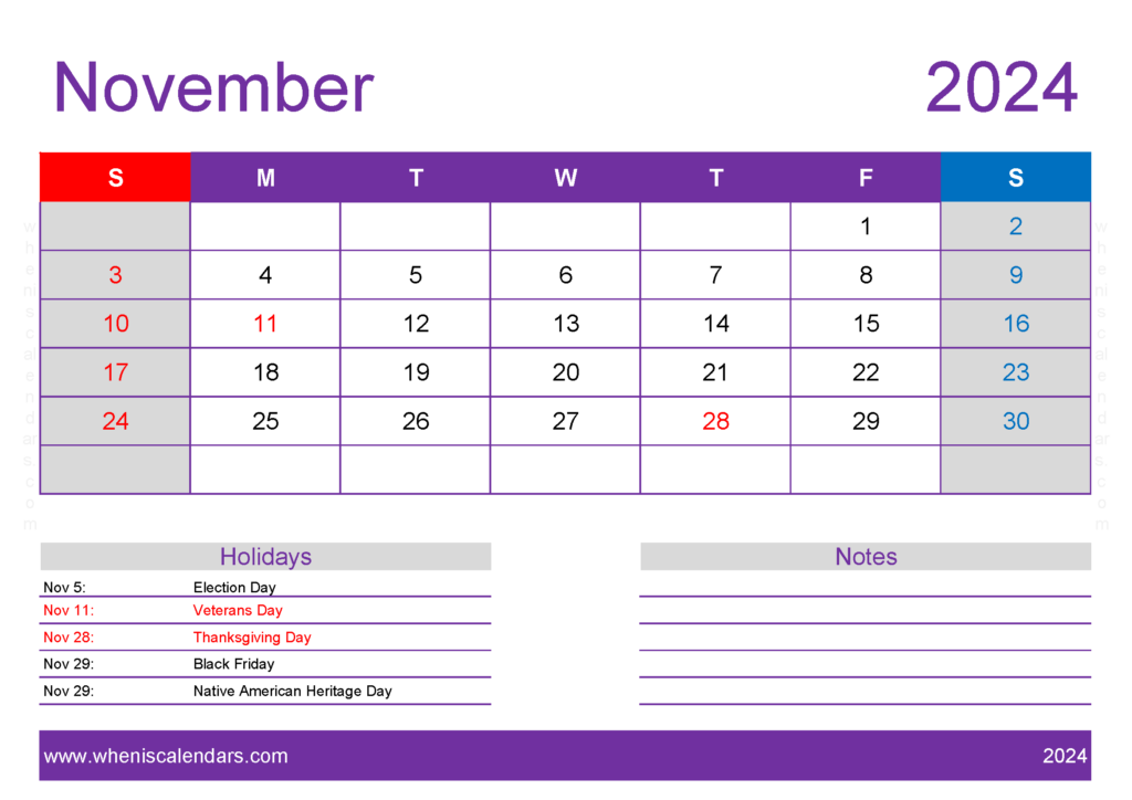 Download November 2024 Calendar pdf Free A4 Horizontal 114138