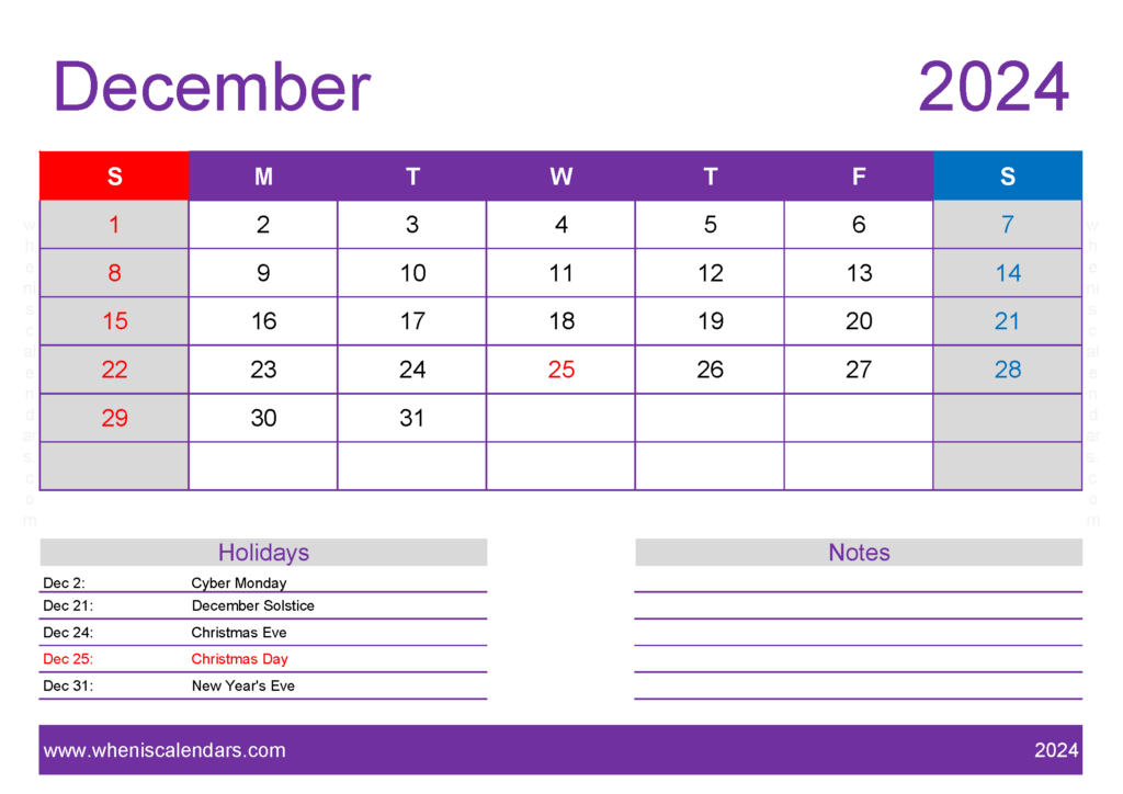 Download December 2024 Calendar pdf Free A4 Horizontal 124138