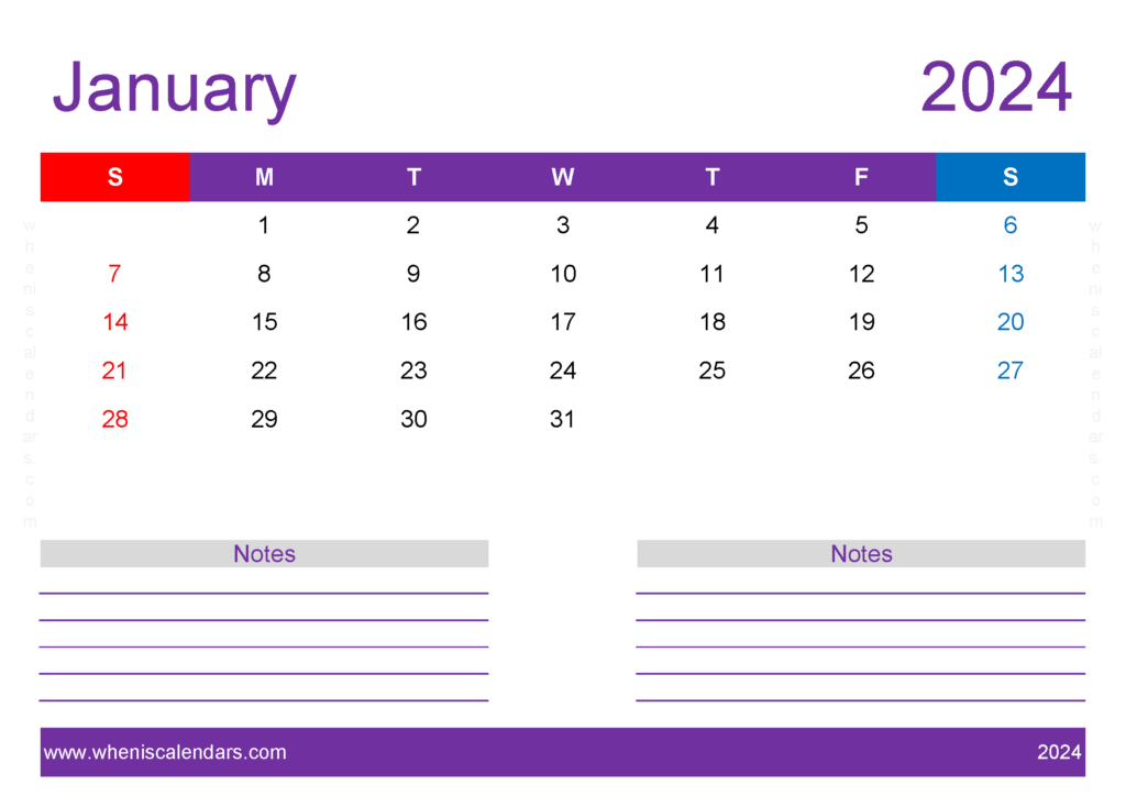 Download print Free January 2024 Calendar A4 Horizontal J4219