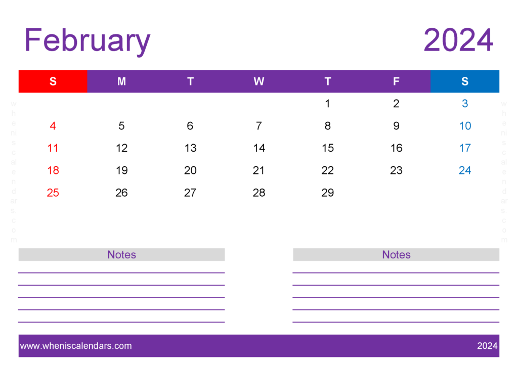 Download print Free February 2024 Calendar A4 Horizontal 24219