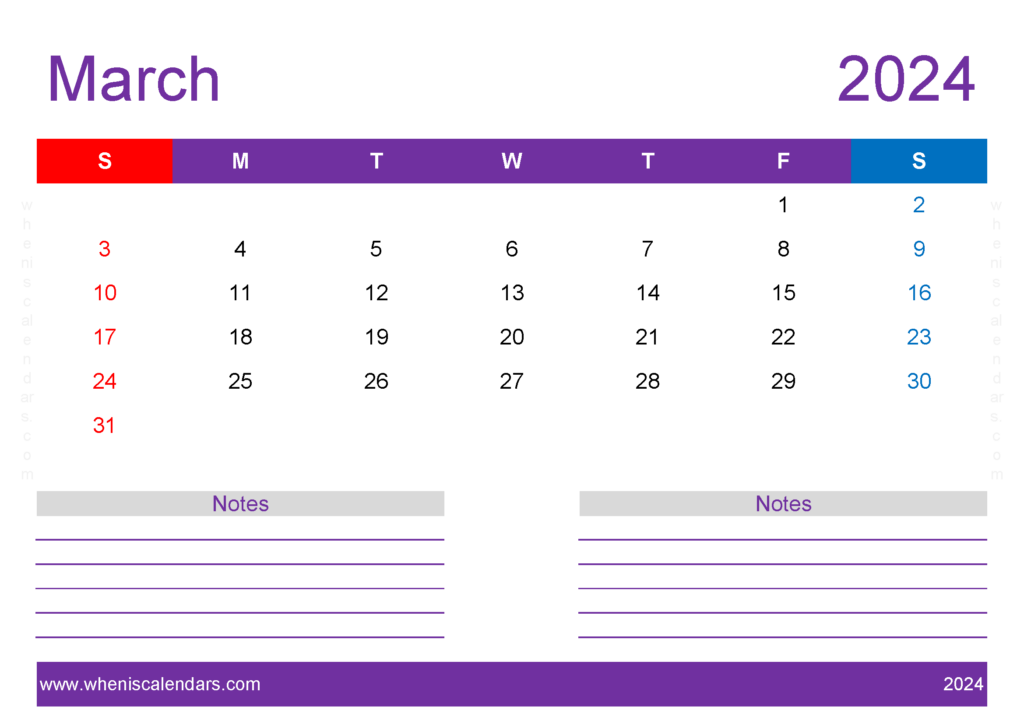 Download print Free March 2024 Calendar A4 Horizontal 34219