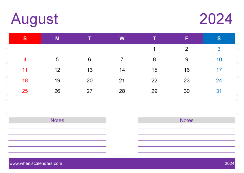 Download print Free August 2024 Calendar A4 Horizontal 84219