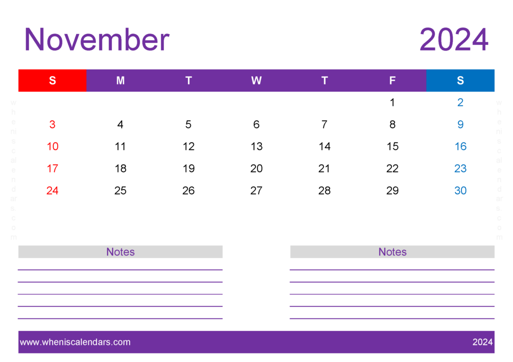 Download print Free November 2024 Calendar A4 Horizontal 114219
