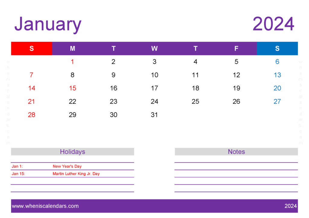 Download monthly Calendar January 2024 Printable A4 Horizontal J4139