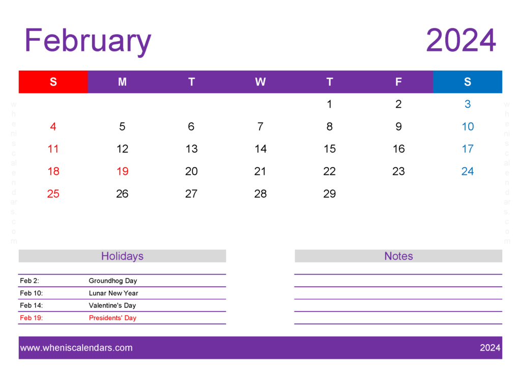 Download monthly Calendar February 2024 Printable A4 Horizontal 24139