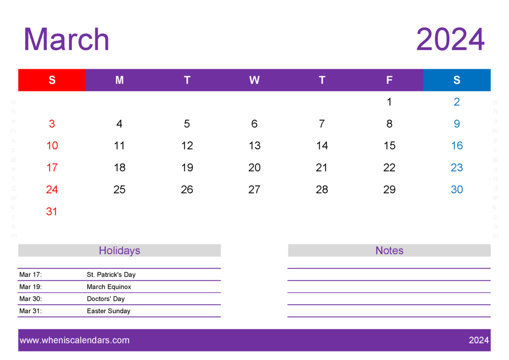 Download monthly Calendar March 2024 Printable A4 Horizontal 34139