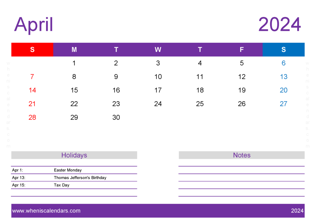 Download monthly Calendar April 2024 Printable A4 Horizontal 44139