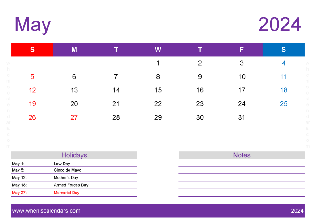 Download monthly Calendar May 2024 Printable A4 Horizontal 54139