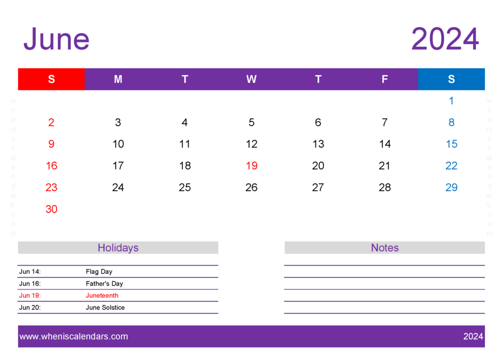 Download monthly Calendar June 2024 Printable A4 Horizontal 64139