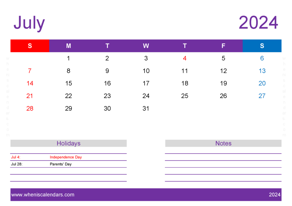 Download monthly Calendar July 2024 Printable A4 Horizontal 74139