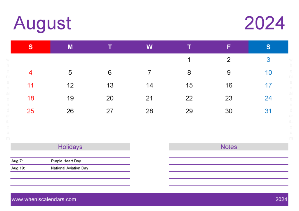 Download monthly Calendar August 2024 Printable A4 Horizontal 84139