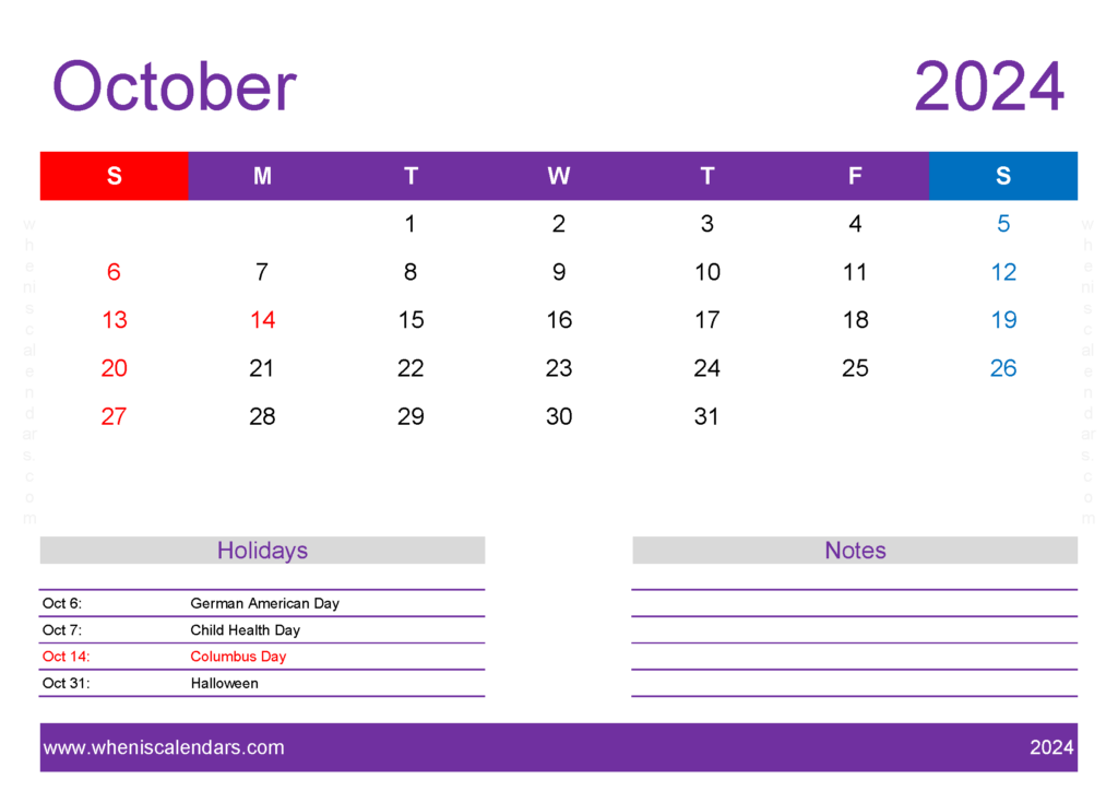 Download monthly Calendar October 2024 Printable A4 Horizontal 104139