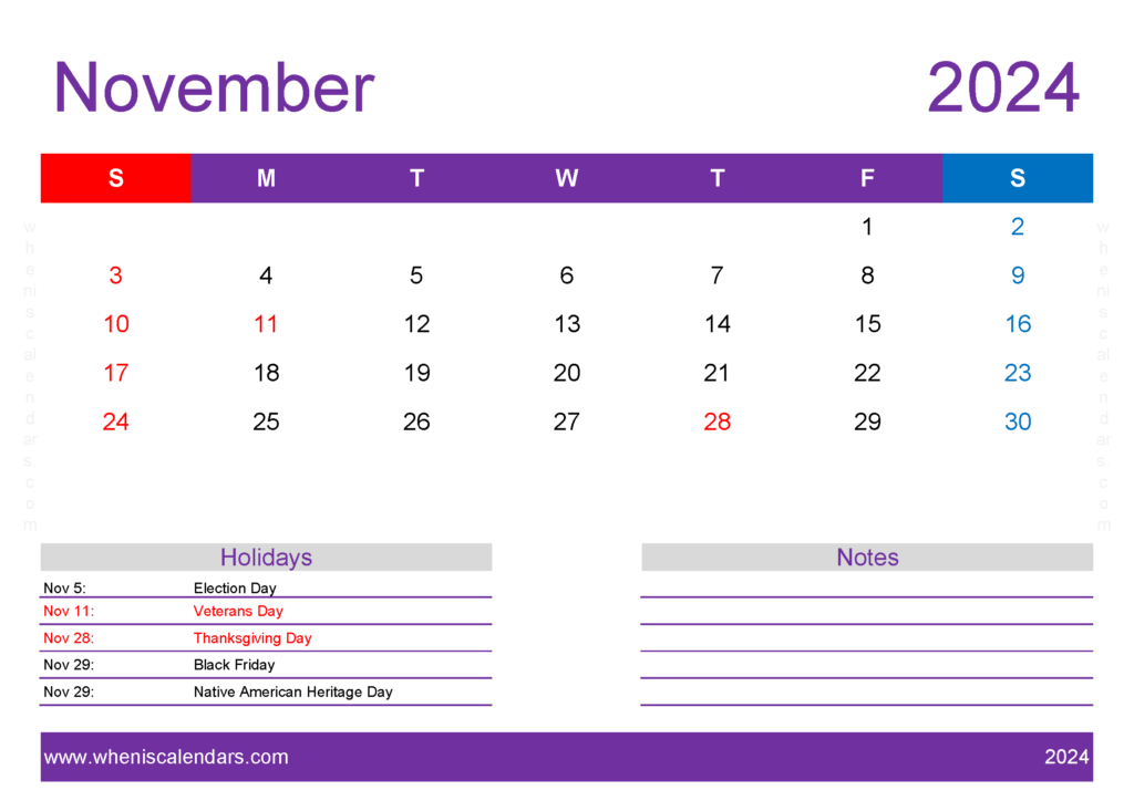 Download monthly Calendar November 2024 Printable A4 Horizontal 114139