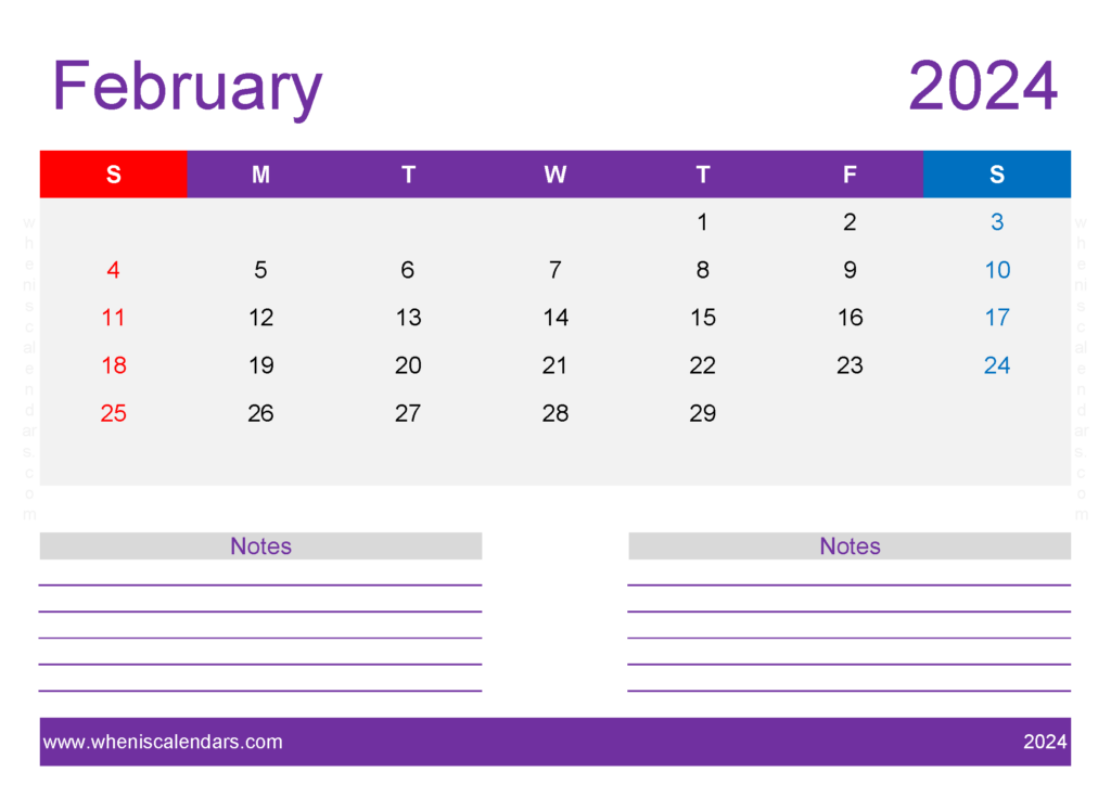 Download Free Printable Calendar 2024 February A4 Horizontal 24220