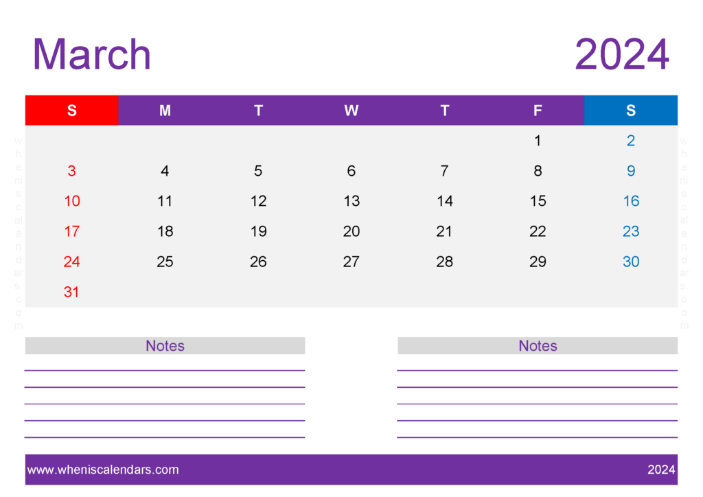 Download Free Printable Calendar 2024 March A4 Horizontal 34220