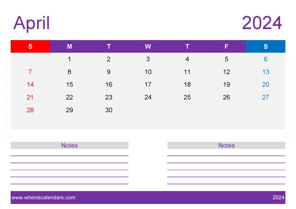 Download Free Printable Calendar 2024 April A4 Horizontal 44220